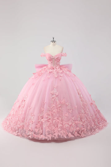 Prinsesse Blush Rosa Ballkjole Off the Shoulder Beaded Butterfly Tyll Quinceanera Kjole med Sløyfe